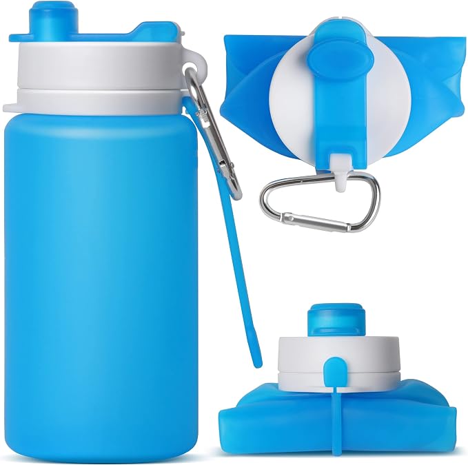 Collapsible Water Bottle, Portable Folding Bottle & Water Bottle with Clip for Backpack, Foldable Water Bottle BPA Free, Sport Bottle Water Squeeze Collapble Watterbottles (Blue) by MCOMCE