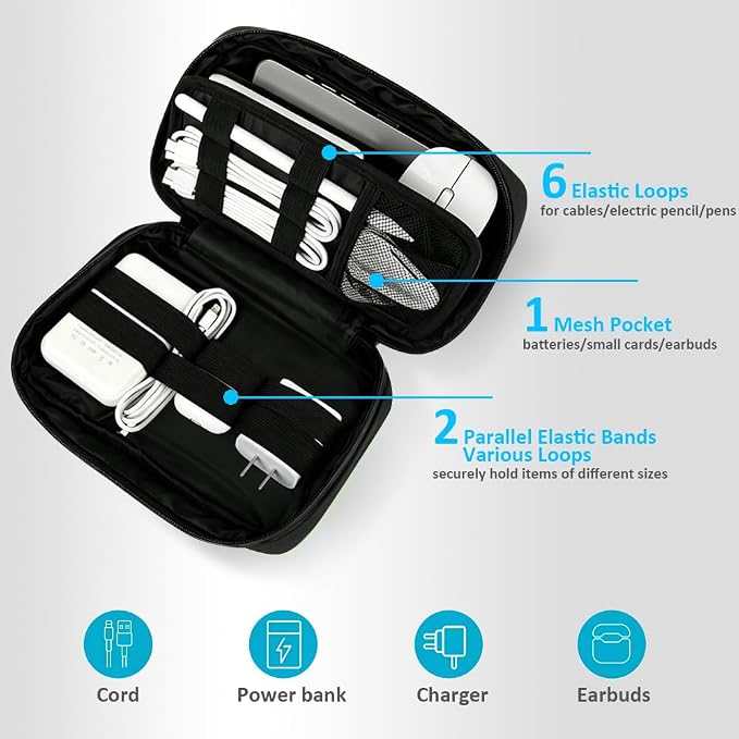 GOX Travel Cable Organizer Bag, Medium Tech Pouch for Electronics, Black | Two Zippers & Multiple Storage Pockets, Water-Repellent Oxford, All-in-One Tech Bag for Electronic & Travel Accessories - Image 4