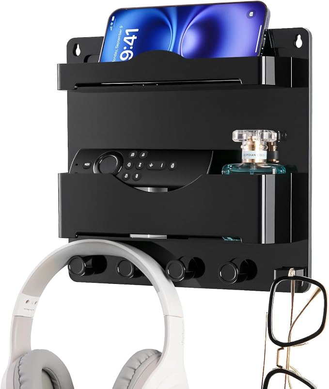 Bedside Wall Shelf with Glasses Hooks ，Adhesive Bedside Organizer Wall Mount for Dorm and Room Accessories Phone，Remote，Earphone， Kindle (Black) by JUMEIHUI