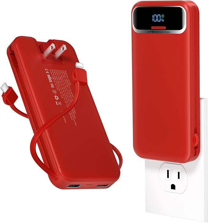 aonidi Portable Charger 12000mAh with Built-in Cables&AC Wall Plug, Red | PD20W USB C Fast Charging,LED Display External Travel Power Bank,TSA approved Battery Pack for All iPhone,Samsung,Android by AONIDI