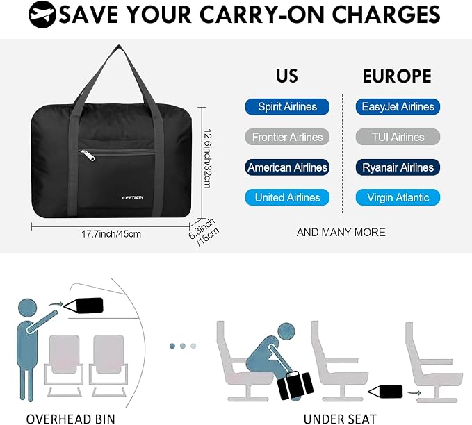 F.FETIVIN Personal item travel bag 17.7x12.6x6.3 for Spirit Airlines Lightweight carry on duffle bag for Gym,Sports,Vacation(Black) - Image 2