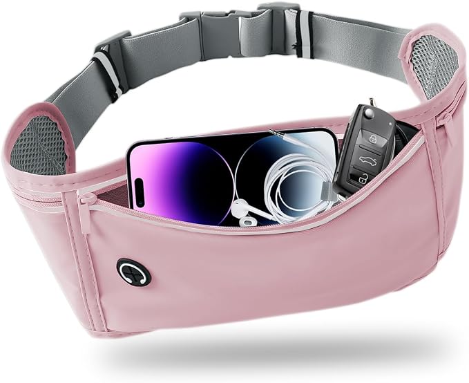 Slim Running Belt for Women Men,Runners Fanny Pack Phone Holder,Money Belt,Running Gear Accessories,with 3 Pockets.(Pink) by Unknown