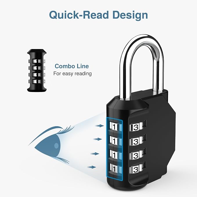 Puroma 4 Combination Lock Locker 4 Digits Combo Padlock Gym Silver & Black | For School Gate Fence Toolbox Hasp Storage, Outdoor, Resettable, Weatherproof, Side Window, Crack Cut Resist, Hardened Steel - Image 3