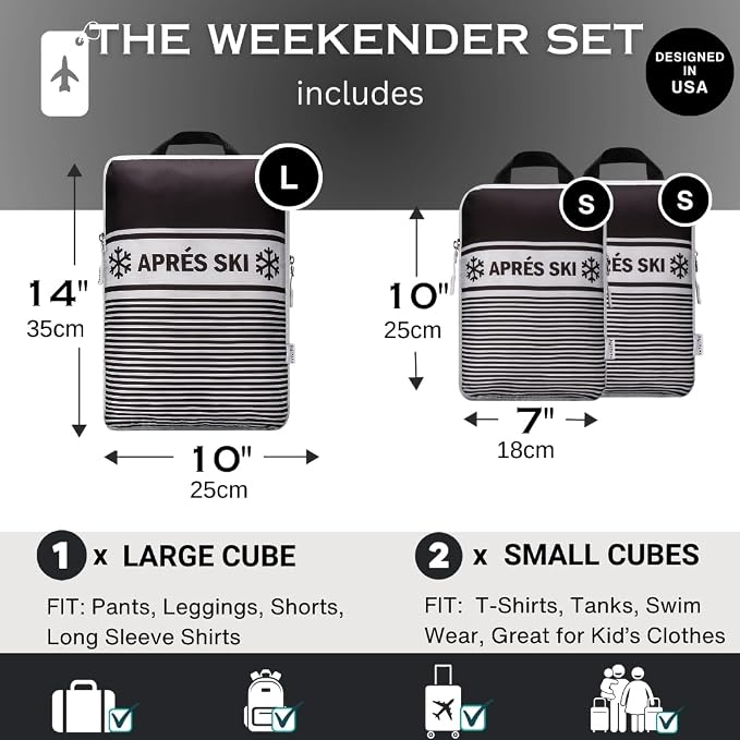 Apres Ski Packing Cubes Organizer Bags for Suitcase & Backpack, Compression Packing Cubes for Travel, Lightweight Luggage Organizers, Travel Cubes, Vacation Essentials, 3pc Set, Black Apres Ski - Image 3