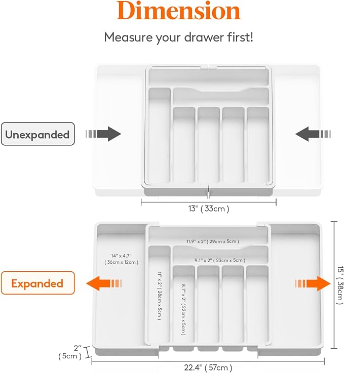Lifewit Expandable Silverware Drawer Organizer, Kitchen Utensil Tray | BPA-free Plastic Flatware Cutlery Holder, Space-Saving Storage for Spoons Forks Knives, 13-22.4 x 15“, White - Image 3