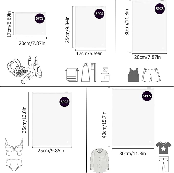 25 Pcs Plastic Travel Storage Bags,Reusable Ziplock Bags,Plastic Hospital Bag,Frosted Nonporous Waterproof Ziplock Bags for Clothes,Maternity,Shoes, Cosmetics,5 Sizes - Image 2