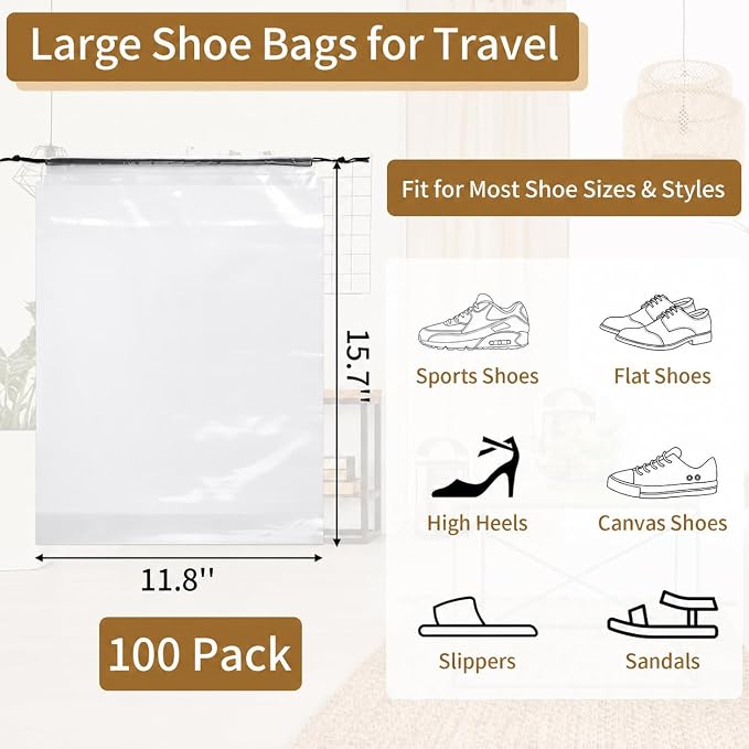 100 Pack Shoe Bags for Travel, Clear Travel Shoe Bags for Packing | 15.7" x 11.8" Large Portable Drawstring Travel Shoe Storage Bag Travel Essentials Women for and Men - Image 2
