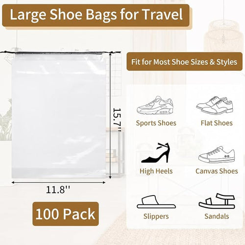 100 Pack Shoe Bags for Travel, Clear Travel Shoe Bags for Packing | 15.7" x 11.8" Large Portable Drawstring Travel Shoe Storage Bag Travel Essentials Women for and Men - Image 2