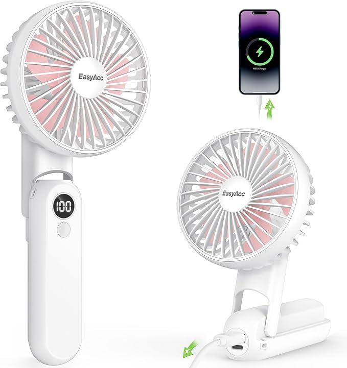 EasyAcc Portable Handheld Fan with 2600 Capacity Built-in Battery, 5 Speeds, Backup Power, Digital Display, Lanyard, Foldable Rechargeable Fan for Travel and Hot Flashes, Pink by EasyAcc