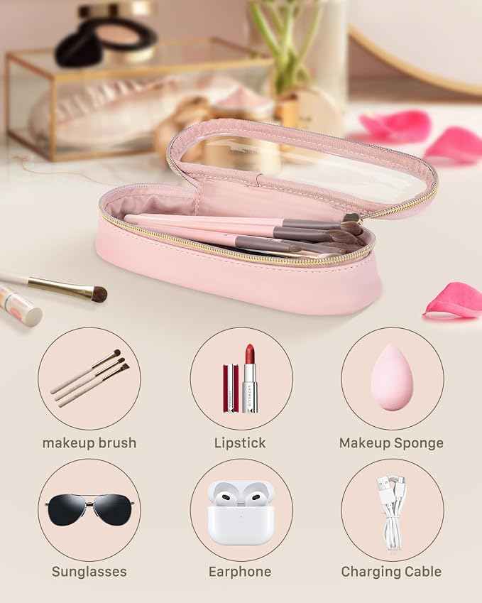 Soimeat Clear Travel Makeup Brush Holder, Leather Makeup Brush Toiletry Bag, Portable Cosmetic Brush Case, Transparent Waterproof Makeup Brush Storage Bag, Pink - Image 2