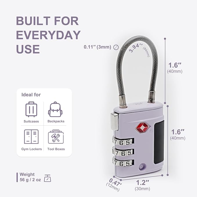 Combo TSA Locks for Luggage, Locker, Suitcase, Luggage Locks TSA Approved, Small Combination Padlock with Cable for Gym Locker, Gun Case, Backpack Bag Zipper, Storage Box, Travel Safe - Image 5