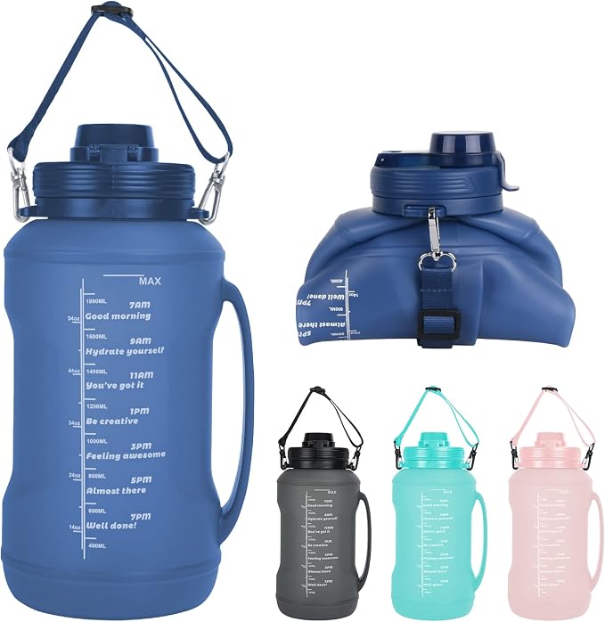 Collapsible Water Bottles, 2L/64OZ travel water bottle Bottle with Straw, Half Gallon Large Water Bottle for Travel Outdoor Sports Runing Fitness Yoga (Upgraded blue) by SpacingSavingHelper
