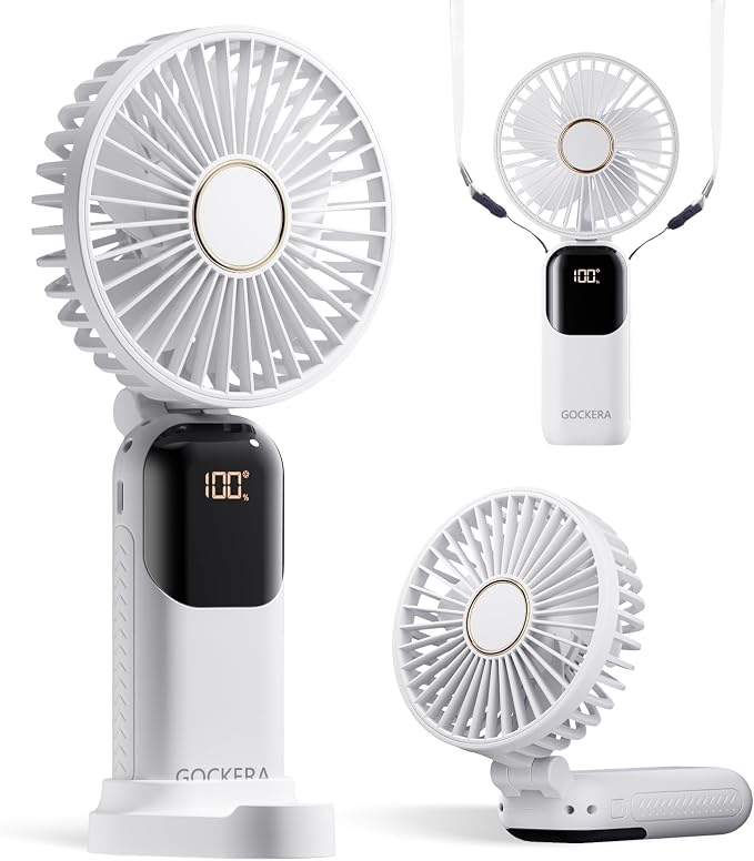 GOCKERA Portable Fan, 4200mAh Battery Operated Fan, 5 Speeds&Digital Display, Makeup Fans for Women with Base, 180°Foldable 3in1 Handheld/Neck/Desk Fan for Outdoor Indoor,Ultra Quiet (White) by GOCKERA