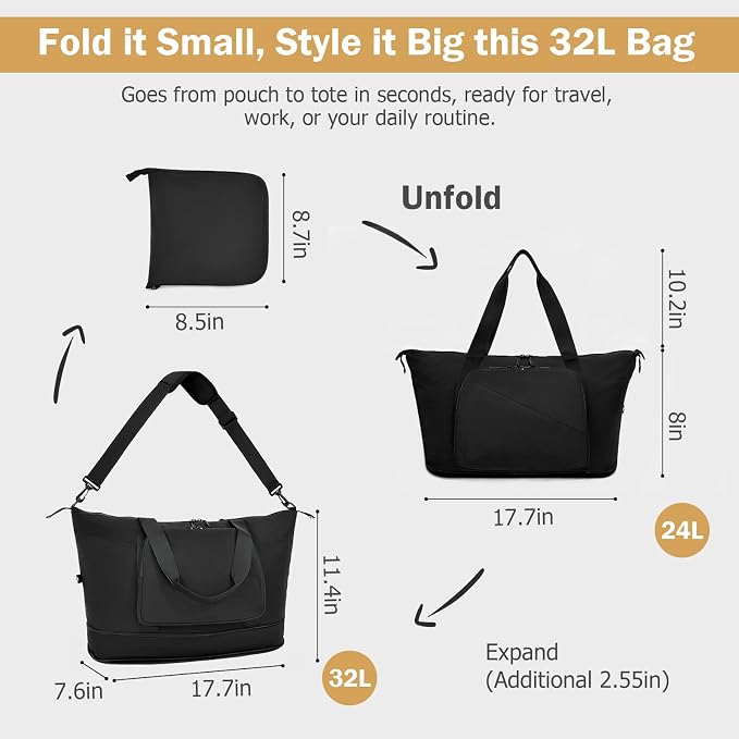 Foldable Travel Bag for Women, Expendable Compact Personal Item Tote Bag | 32L Lightweight Packable Folding Compact Weekender Bag, Nylon Travel Duffel Bag with Luggage Sleeve for Airplane Travel Gym - Image 2