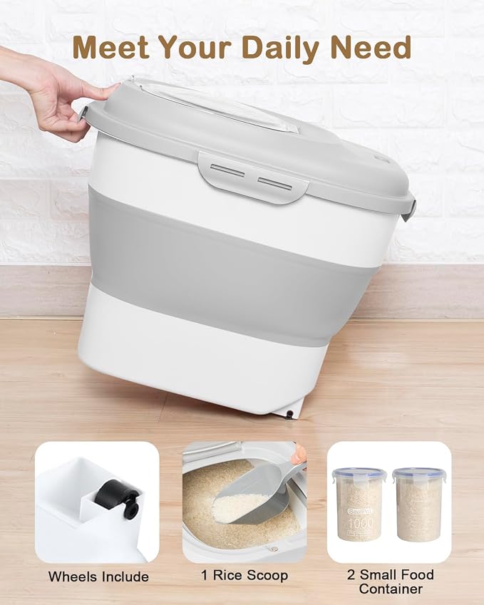 20-50 Lbs Airtight Food Storage Container Wheels,Collapsible Rice Container | Flour Storage Container with Double Airtight Seal,Rice Storage Container with Magnetic Lid,Keep Fresh for Pet Food,Rice,Flour - Image 4
