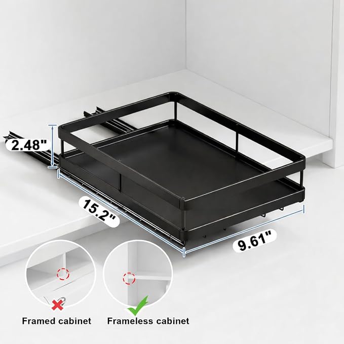 AOVA Pull Out Under Sink Organizer, Single-Tier Metal Sliding Shelf | Carbon steel basket, smooth slide-out rails, no-drill adhesive setup, for kitchen, pantry and bathroom cabinets - Image 4