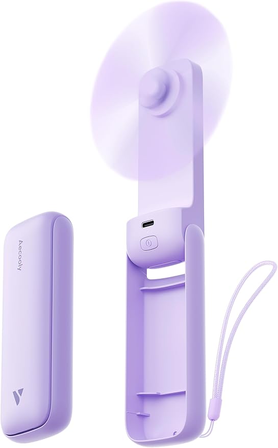 Aecooly Slim Portable Fan, Thin Handheld Fan, USB Rechargeable | Mini Personal [24H Max Cooling Time], Battery Powered Small Foldable Pocket for Travel, Summer, Gifts for Women, Girls-Purple by Aecooly