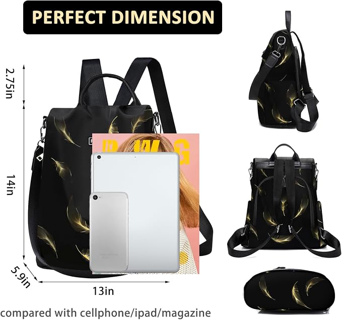 Travel Backpack Purse for Women Anti Theft Convertible Backpacks Fashion Waterptoof Nylon Daypack Black Feather | Hidden Back Zipper Opening, Compact Travel Size,Summer Purse, Daypack for College Work, Fits 13-inch laptop - Image 2