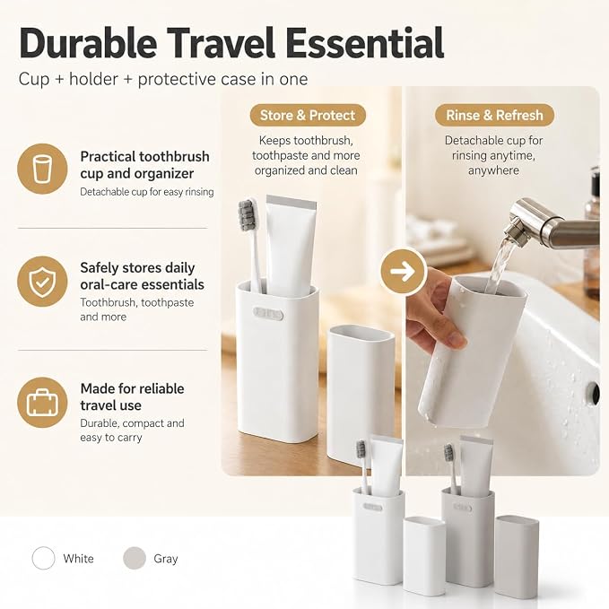HyJeryty Ventilated Compact Grey Toothbrush Travel Case, Portable Toothbrush & Toothpaste Holder Cover Organizer Container with Mouthwash Cup for School, Camping, Business Trip, Bathroom Storage - Image 6