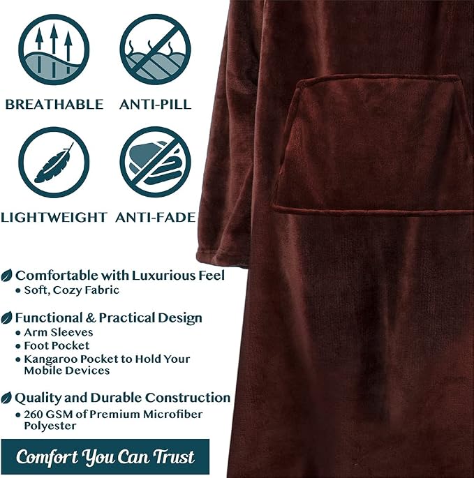 PAVILIA Fleece Blanket with Sleeves, Foot Pockets for Women Men Adults, Plush Wearable Blanket Throw Wrap, Warm Snuggle Blanket Robe, Cozy Gift Ideas Wife Mom, Brown - Image 4