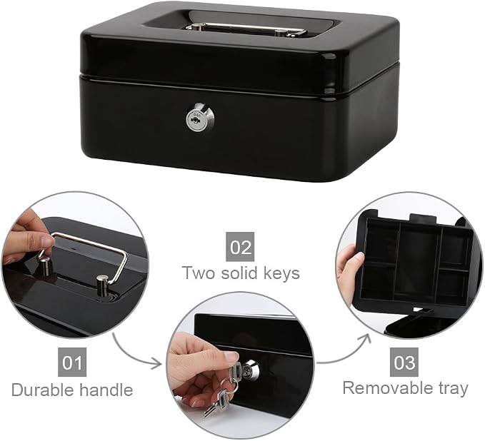 Decaller Cash Box with Money Tray, Medium Metal Locking Money Box with Key Lock for Security, 7.87" x 6.30" x 3.54", Black - Image 3