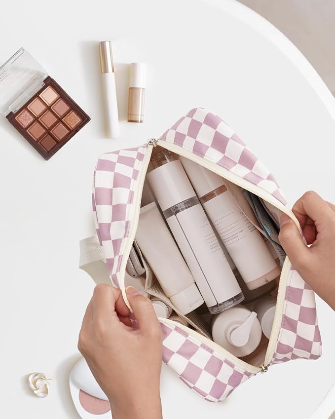 Narwey Large Checkered Travel Toiletry Bag Women Toiletries Bag Pink Makeup Bag Organizer Make up bag Cosmetic Bag Medicine Bag for Girls (Dusty Rose Checkerboard, Large) - Image 3