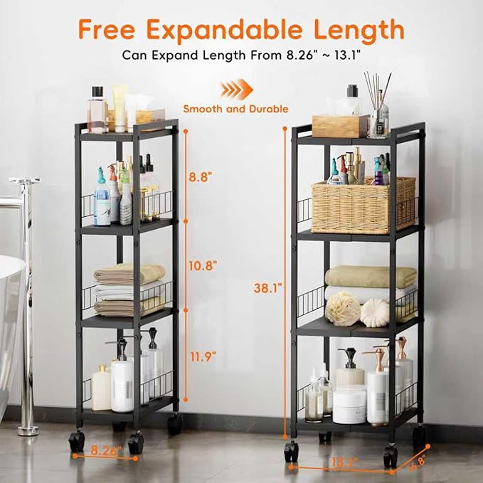 Expandable Slim Storage Cart with Wheels, 4 Tier Narrow Metal Rolling Utility Cart Organizer Adjustable Open Floor Shelving Unit for Small Spaces Bathroom Laundry Room Kitchen - Image 2