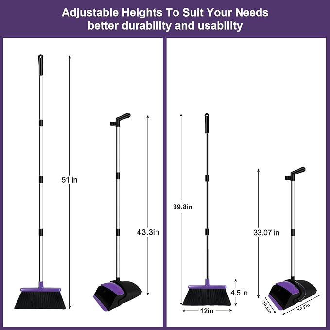Broom with Dustpan Combo Set, 51" Household Dustpans and Broom, Standing Dust Pan Set for Home, Purple Cleaning Set for Kitchen Lobby Indoor Outdoor | Hands-Free Pet Hair Cleaning, Built-in Comb Dustpan, Space-Saving Storage, Multi-Surface Use for Home... - Image 2