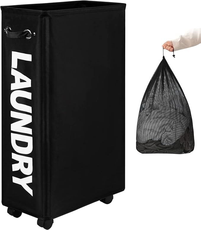 DOKEHOM 29" Enlarged Slim Rolling Laundry Basket Hamper on Wheels, Black | Collapsible tall laundry hamper with removable mesh wash bag. Foldable narrow corner clothes storage bin for small spaces by DOKEHOM