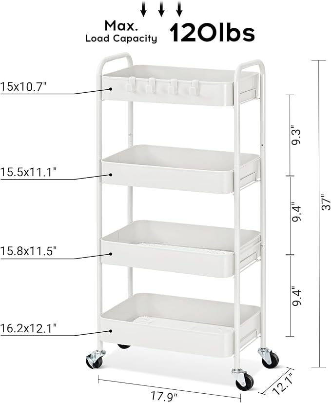TOOLF 4 Tier Metal Rolling Cart, Utility Storage Cart with Wheels, White | Screwless Assembly, Lockable Metal Wheels, Trolley Organizer for Bathroom, Kitchen, Office, Dorm, Laundry, Craft Room - Image 7