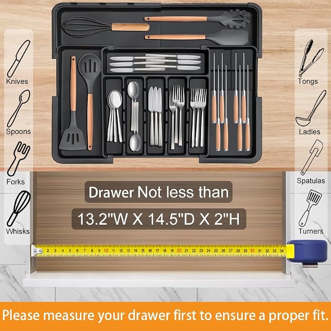 Homecor Silverware Organizer - Expandable Large Kitchen Drawer Organizer Utensil Organizer with 2 Removable Knife Blocks, 22"x 19"Cutlery Tray Drawer Dividers for Kitchen Flatware(6-9 Slots) (Black) - Image 7