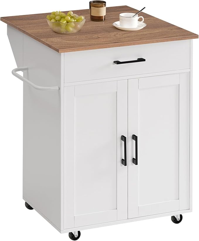 MAHANCRIS Kitchen Island on Wheels with Drop Leaf, Folding Countertop Kitchen Island Cart, Kitchen Island Table with Towel Rack, Drawer, for Kitchen, Dining Room, White and Walnut KIBZ12501 by MAHANCRIS