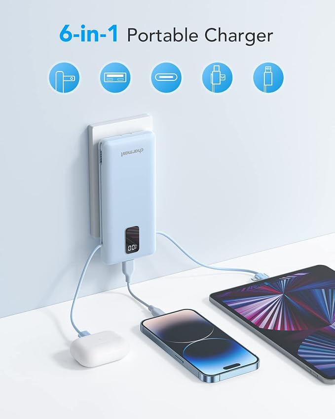 charmast Portable Charger with Built-in Cables and AC Wall Plug | 10000mAh Power Bank with 4 Outputs,USB-C & USB-A Battery Pack,Slim Travel Phone Charger for iPhone,iPad,Samsung,Android - Image 3