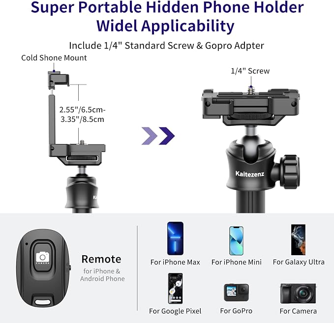 Kaitezenz Selfie Stick Tripod for Gopro Camera, 64" Extendable Stand with 360° Ball Head 1/4" Screw, Portable Lightweight Camera Tripod for GoPro Max Hero 11 10 9 8 7 6 5 DJI OSMO Action Phone - Image 3
