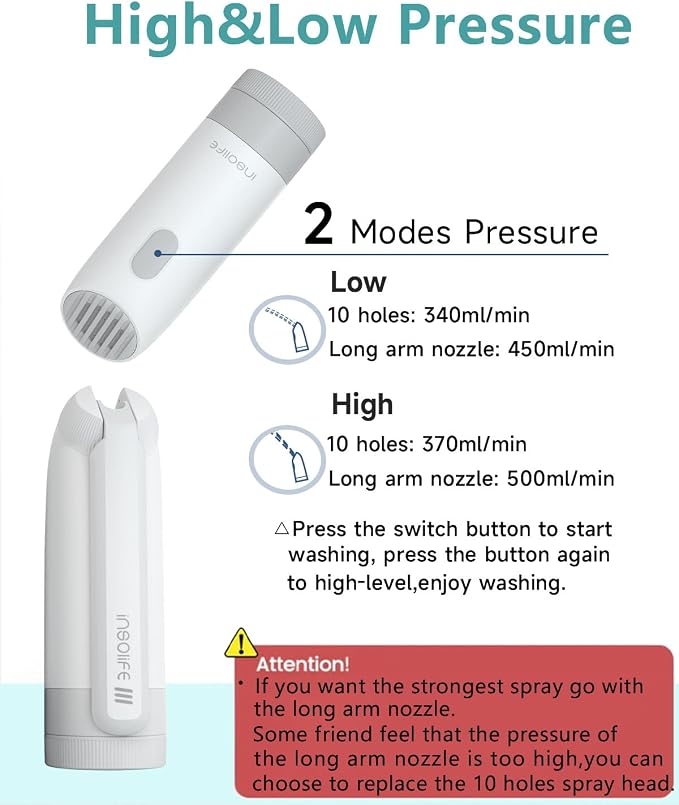 Insolife® Portable Bidet | High Pressure Travel Bidet 350ml | 2 Pressure Modes, IPX7 Waterproof, USB Rechargeable Personal Hygiene on Trip & Daily Use - Image 2