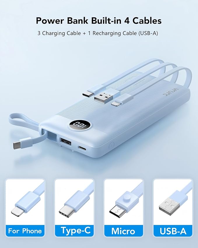 VRURC Portable Charger for iPhone, Built in 4 Cables Power Bank 10000mAh | Compact USB C Charging Bank 5 Outputs for Multi Devices,Travel Essential for Hiking Camping Business Cruise Ship-Blue - Image 2