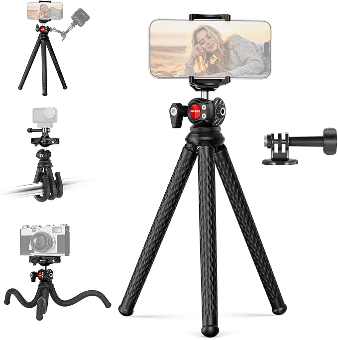 NEEWER Flexible Phone Tripod, Small Mini Camera Webcam Desk Stand, Phone Holder & Action Camera Mount Adapter Compatible with iPhone GoPro DJI Pocket 4 3 Xtra Muse Insta360 for Video Recording, TP34 by Neewer