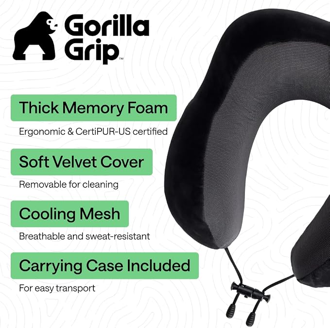 GORILLA GRIP Travel Neck Pillow for Airplanes, CertiPUR-US® Memory Foam Cooling Mesh Pillows, Soft Velvet Washable Cover, Support Headrest for Sleeping, Traveling Essentials Flight Accessories, Black - Image 2
