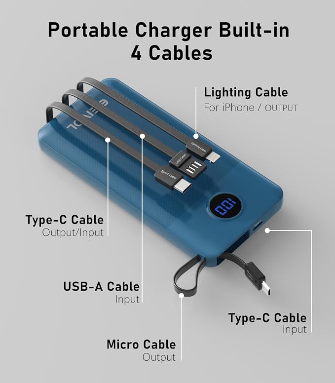 Portable Charger with Built in Cables, Slim 10000mAh Power Bank, USB C Battery Pack Travel, 4 Output 2 Input External Charging Bank for iPhone 17/16/15/14/13,Samsung, Android, etc-Blue(1 Pack) - Image 3