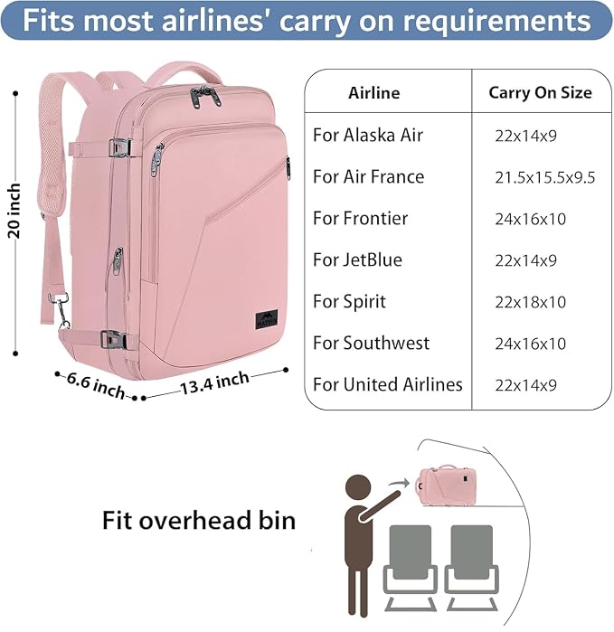 MATEIN Pink Travel Backpack for Womens, 45L Extra Large Carry on Backpack | Fits Overhead Bin, Expandable Cute Weekneder Daypack, Adjustable Shoulder Strap, Gifts for Travelling, International Trip - Image 2