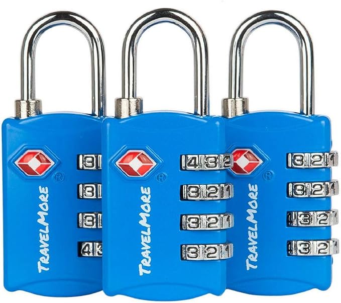 Luggage Locks TSA Approved, 4-Digit Travel Combination Locks | TSA Accepted, Easy to Use, Compact, Lightweight, Durable, Zinc Alloy Body, for Suitcases, Backpacks, Zippers, 3-Pack, Blue by TravelMore