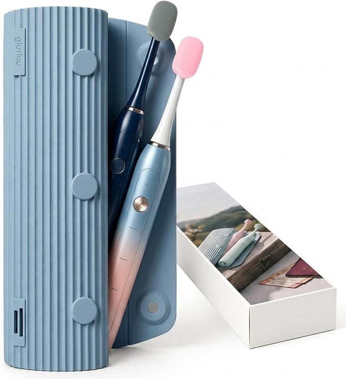 Electric Toothbrush Travel Case with 2 Head Covers, Blue | Waterproof Silicone Case Protects Your Electric Toothbrush During Travel, Gym Visits and Business Trips by GIURKUU