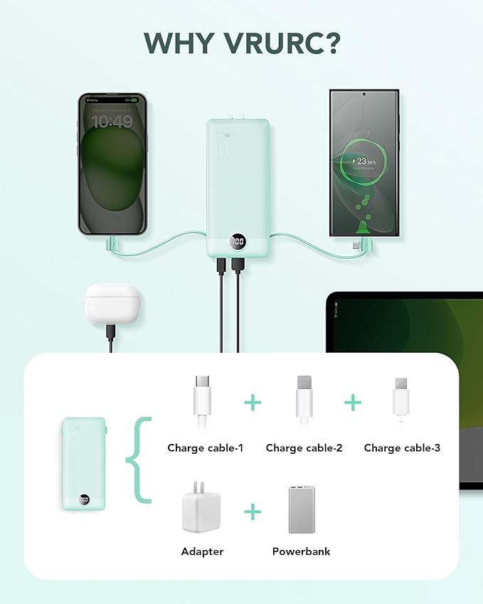 VRURC Portable Charger Built-in Cables and AC Wall Plug, USB C Power Bank 10000mAh, Travel Battery Portable Phone Charger Compact Lightweight External Battery Pack for Smart Phones, Tablets etc-Green - Image 4