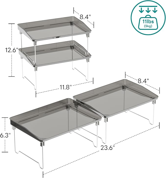 STARLATTA 2 Pcs Cabinet Organizer Shelf，Stackable Kitchen Counter Shelves, Spice Rack,Countertop Organizers，Black Plastic Storage Shelves Rack for Makeup，Bathroom, Cupboard，Desk，Pantry Organization - Image 3