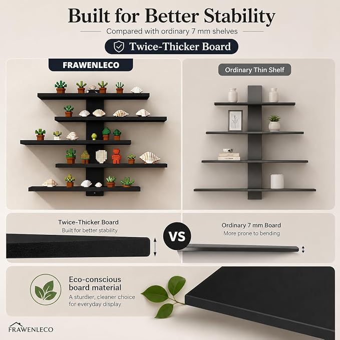 No Drill Wall Shelf, 5-Tier Black Floating Shelves with Adhesive, Damage-Free Wall Mounted Organizer for Bathroom, Kitchen, Living Room, Bedroom(Black) - Image 4