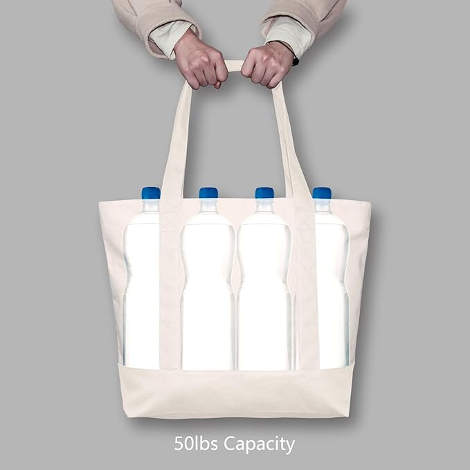 TOPDesign 3-Pack Canvas Tote Bags with an External Pocket, Reusable Grocery Shopping Bags, Top Zipper Closure, Daily Essentials (Natural) - Image 6