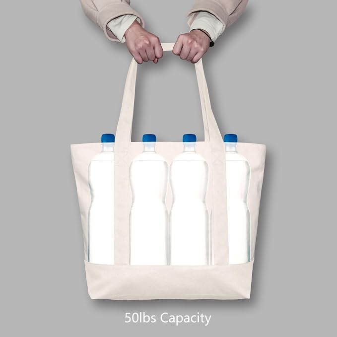 TOPDesign 6-Pack Canvas Tote Bags with an External Pocket, Reusable Grocery Shopping Bags, Top Zipper Closure, Daily Essentials (Natural) - Image 6