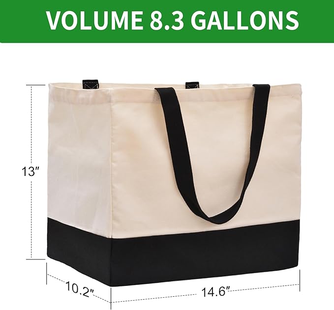 Extra Large Canvas Tote Bag with Pockets, Reusable Grocery Bags Heavy Duty | 14.6 x 10.2 x 13 in Holds 60 lbs Washable Eco-friendly Tote Bags for Shopping/Picnics/Beach/Laundry, Off White+Black 3 Pack - Image 3