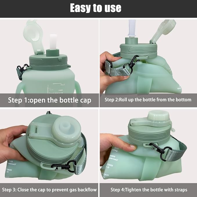 64oz Collapsible Silicone Water Bottle with Straw & Grip(Green) | Save Space,BPA-Free,Large Capacity,Time Marker, Foldable Sport Bottle,Portable for Gym, Hiking, Camping, Outdoor Activities - Image 7