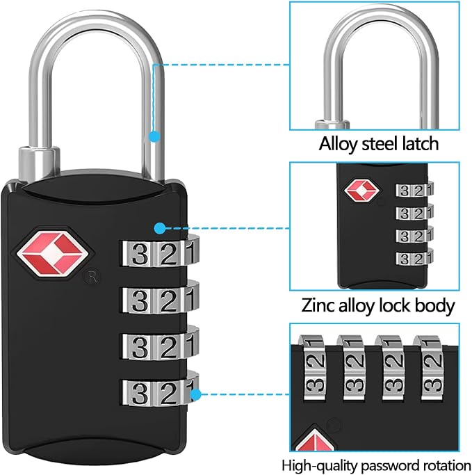 TSA Approved Locks for Luggage, 2PCS, 4 Digit Combination Cable Travel Locker for Luggage, Suitcases, Bags & Toolboxes, Zinc Alloy Body - Ideal Travel Small Gun Case Lock (Black, 2 Pack) - Image 3